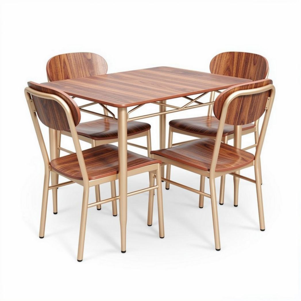 Table rectangulaire en bois avec quatre chaises en métal doré 120 x 80 x 75cm