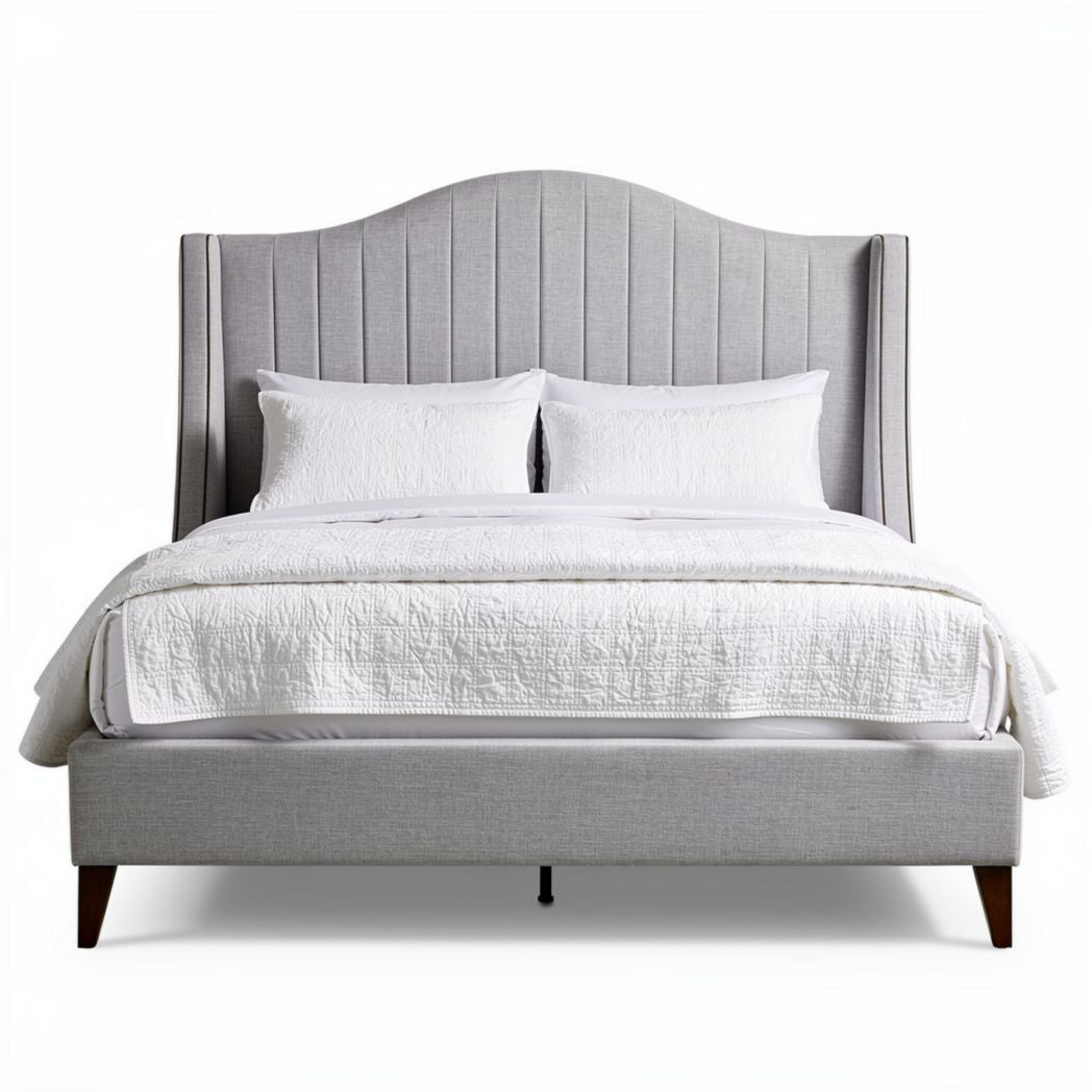 Lit king size en tissu gris avec tête de lit rembourrée 200 x 160 x 120cm
