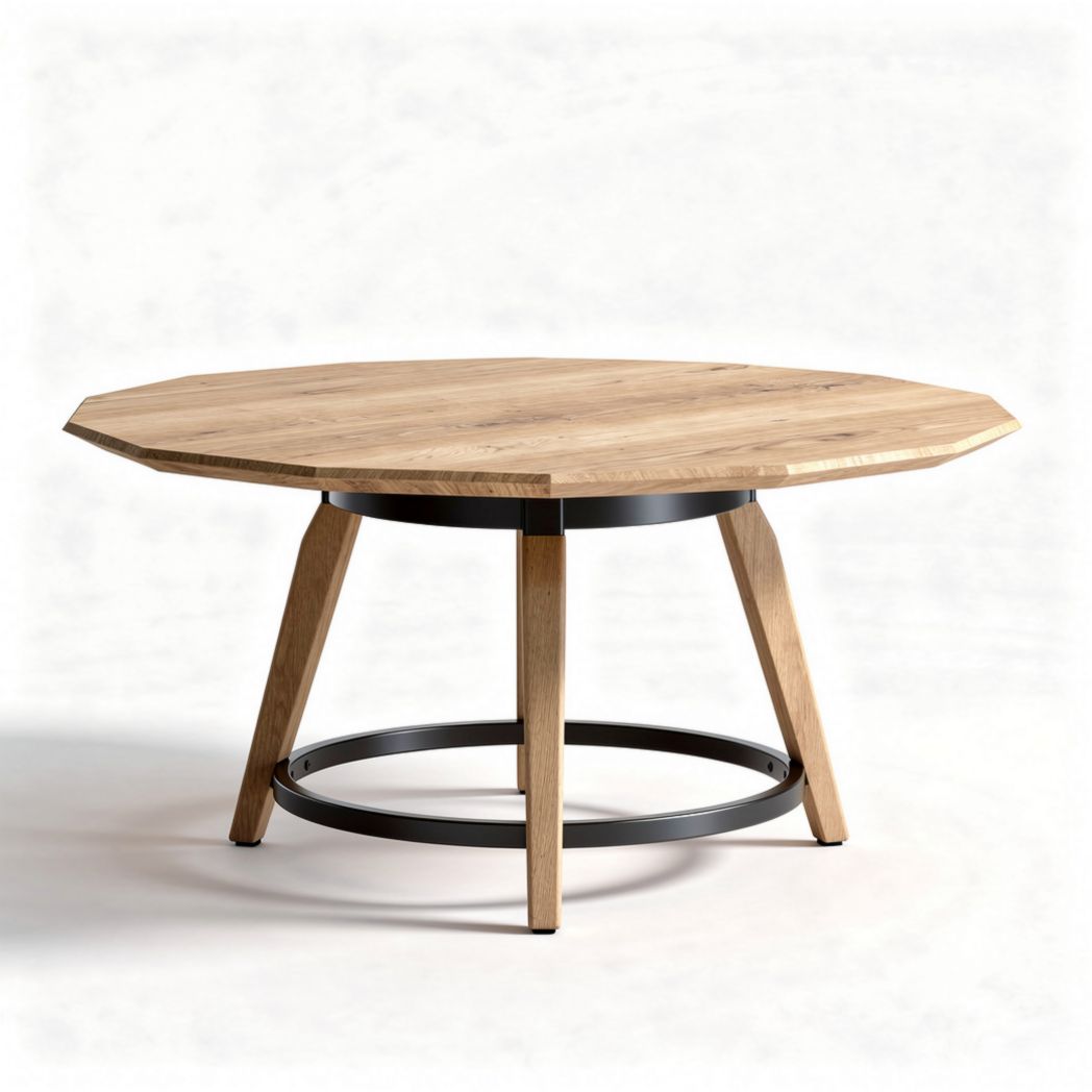 Table basse octogonale en bois de chêne avec piètement en métal noir 100 x 100 x 45cm