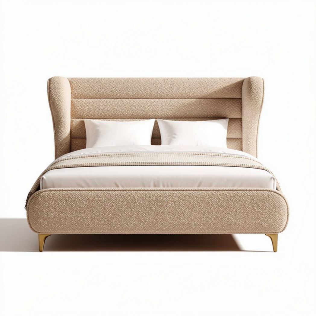 Lit double en tissu beige 200 x 160 cm avec tête de lit rembourrée et pieds dorés