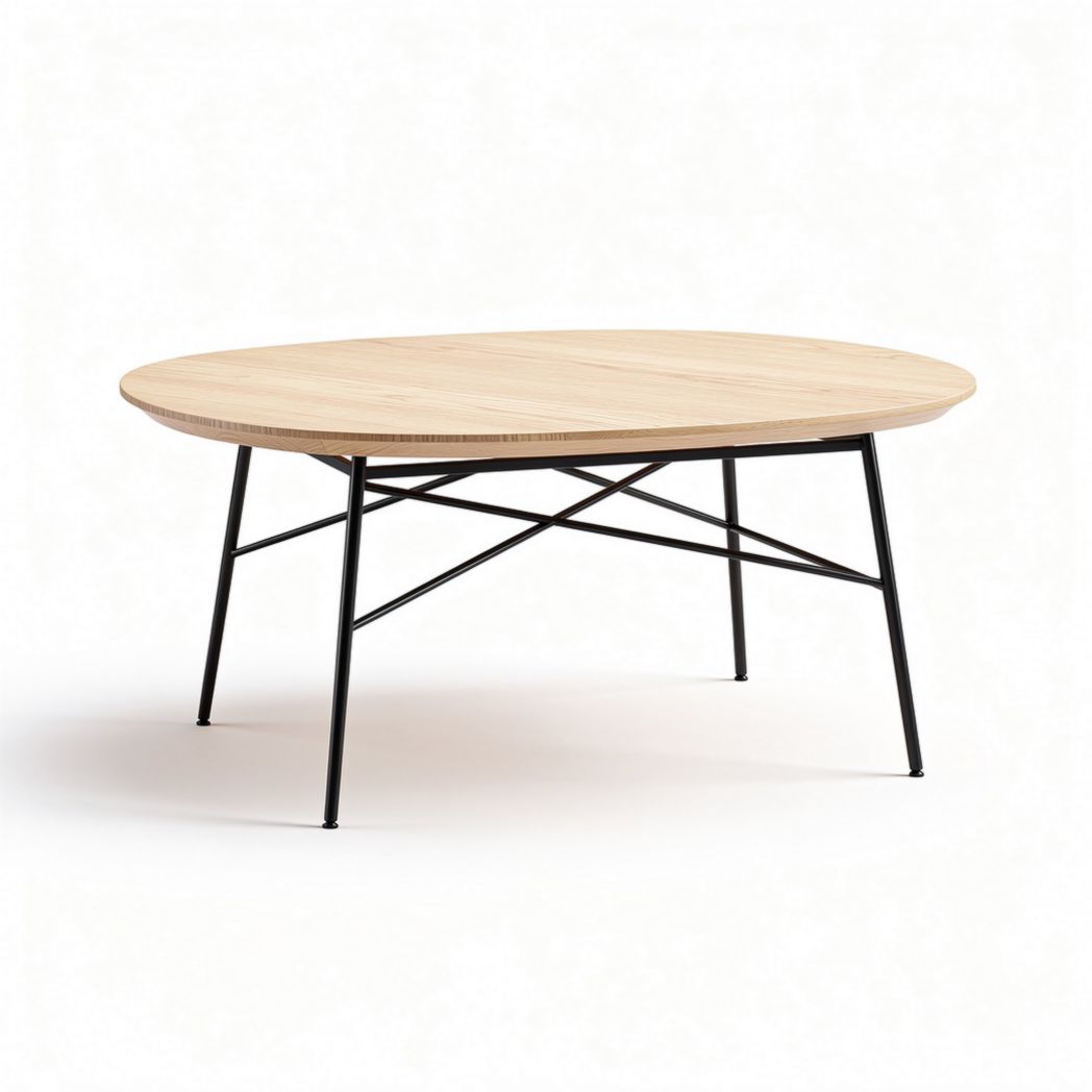 Table ronde en bois de chêne naturel avec pieds en métal noir 120 x 120 x 45cm