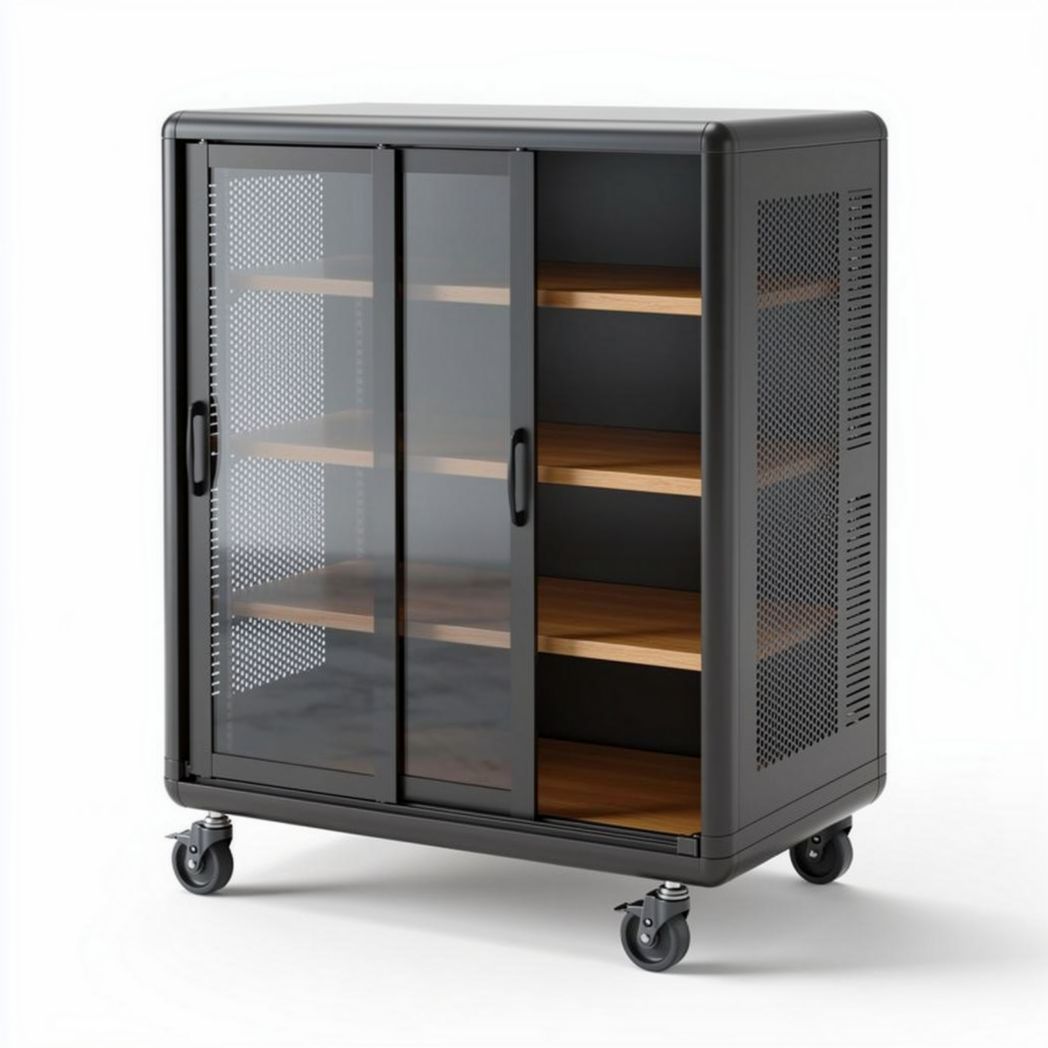 Meuble de rangement mobile noir avec portes en verre et étagères en bois 80 x 40 x 85cm