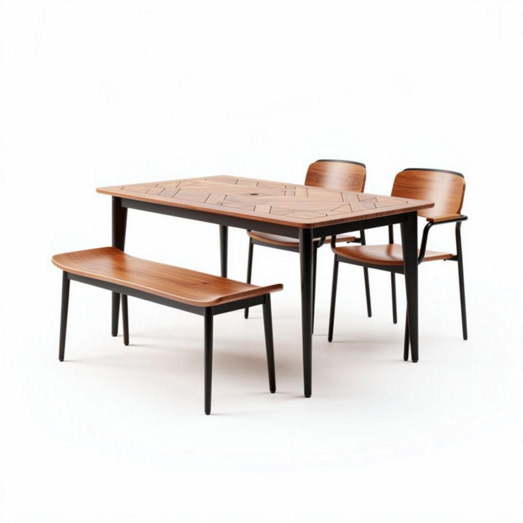 Table à manger en bois de teck de 150 x 80 x 75cm avec chaises assorties