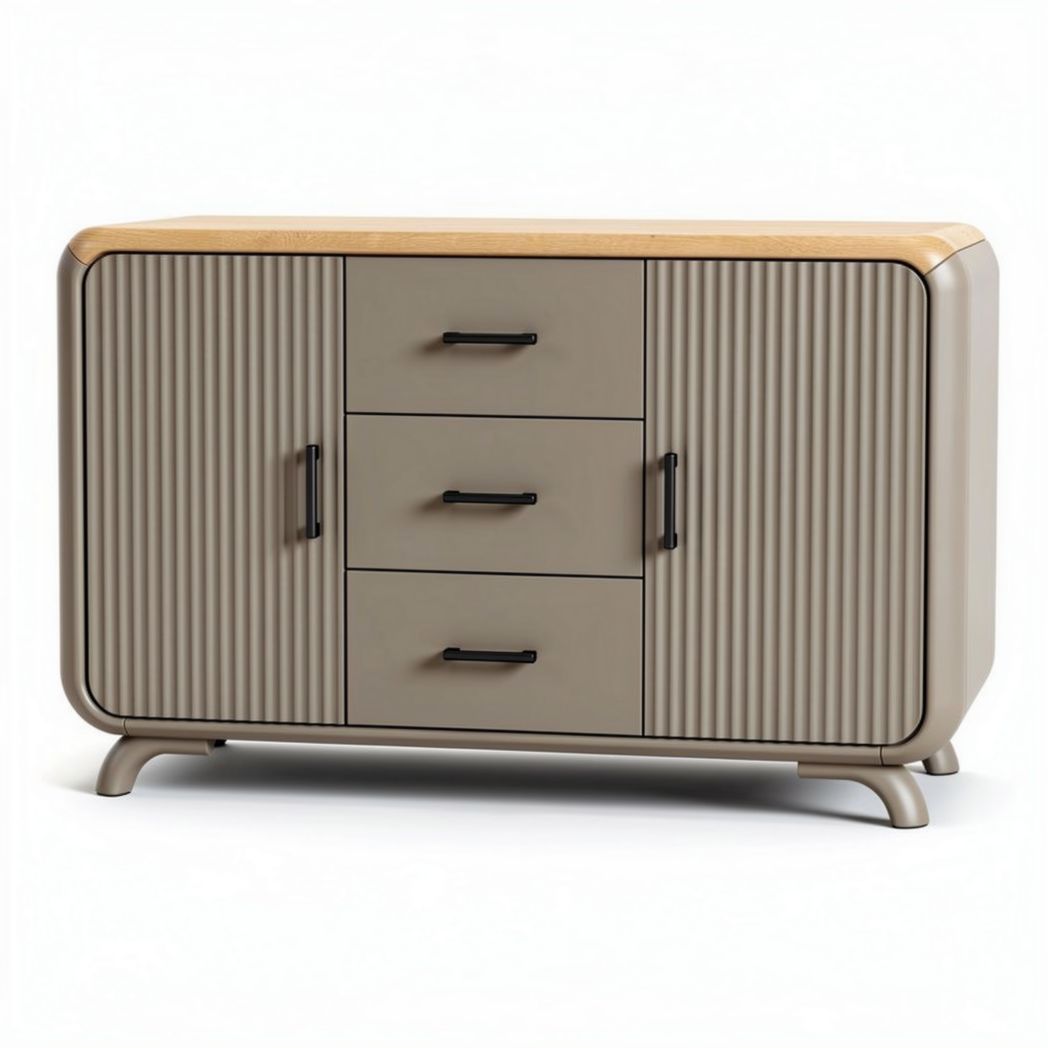 Buffet en matériau mélaminé de couleur beige avec 3 tiroirs et pieds en métal 120 x 40 x 70cm